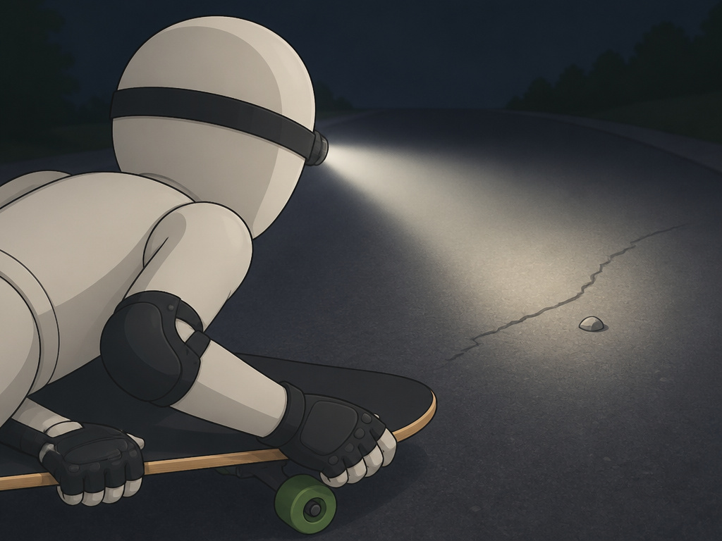 Skateboarder using defensive riding stance and looking ahead while night skating.
