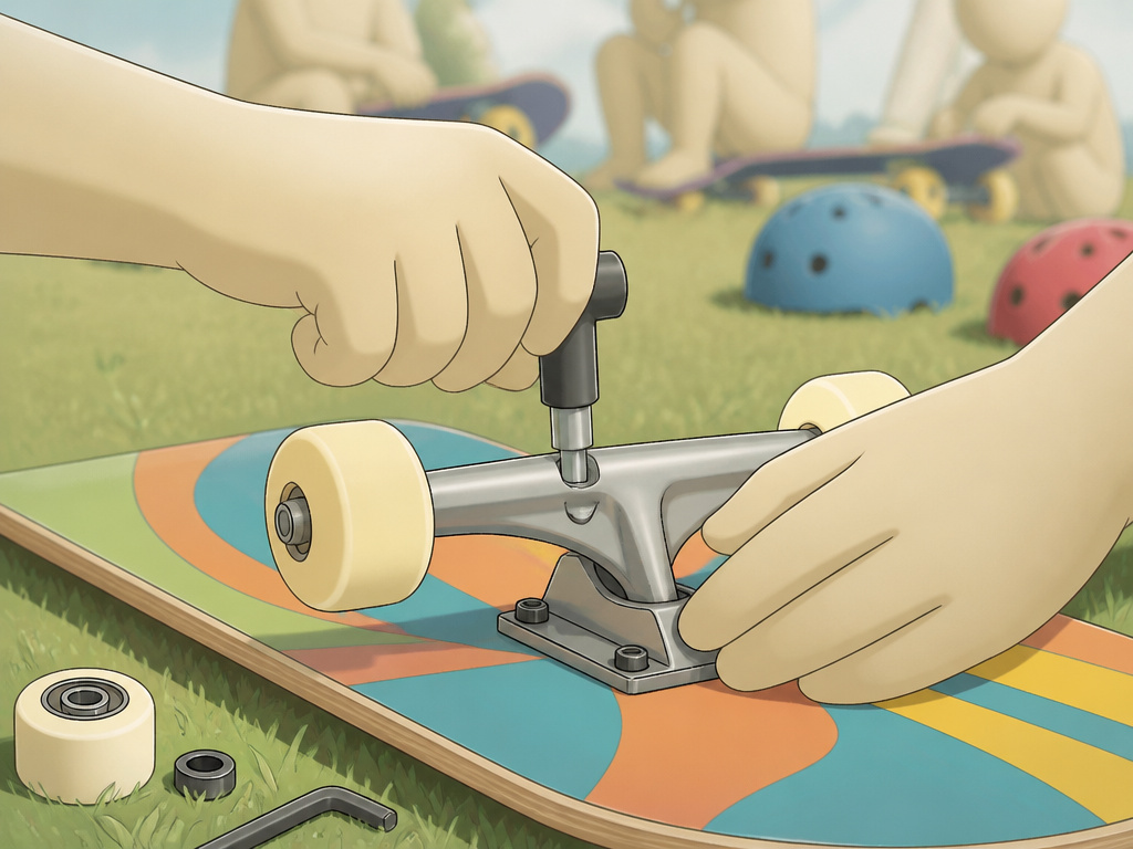 Child adjusting skateboard trucks outdoors with friends in the background.