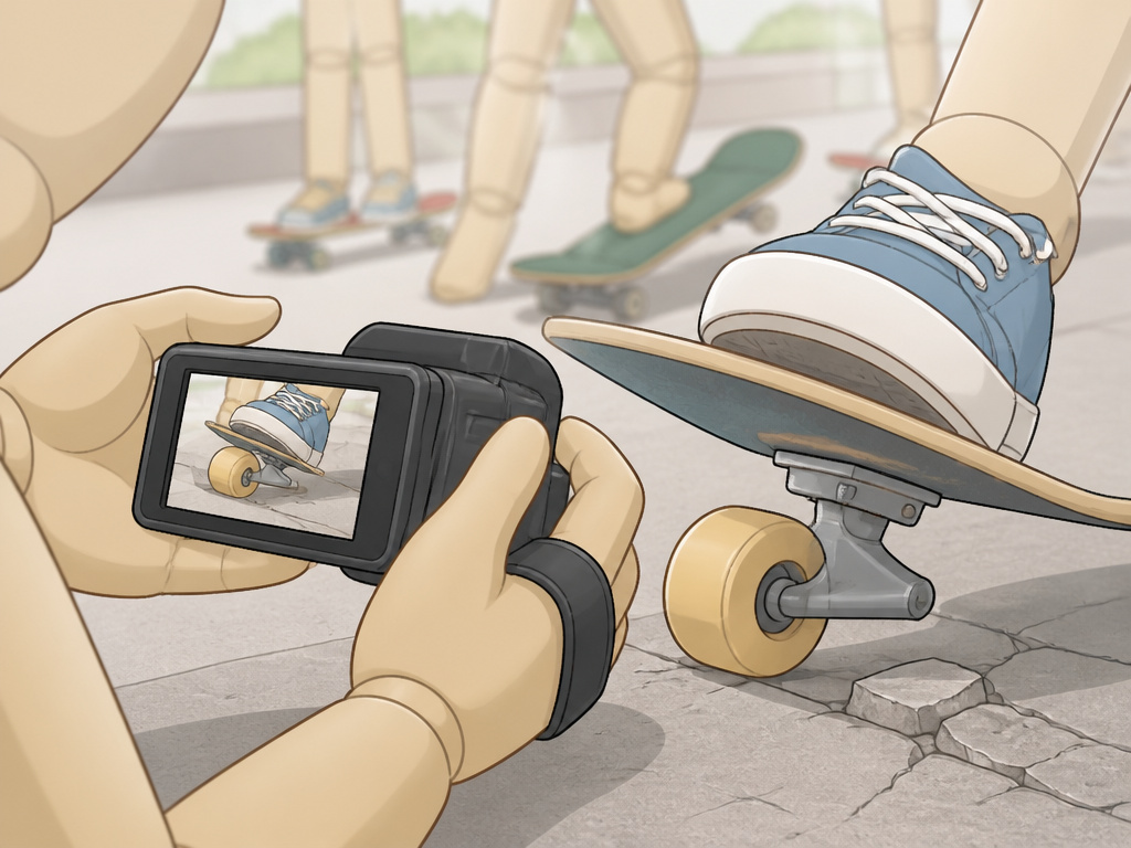 Filmmaker's hands holding a camera to capture a skateboarding session.