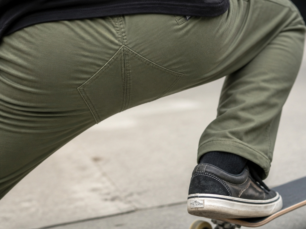 Close-up detail of gusseted crotch in durable skate pants during a squat.
