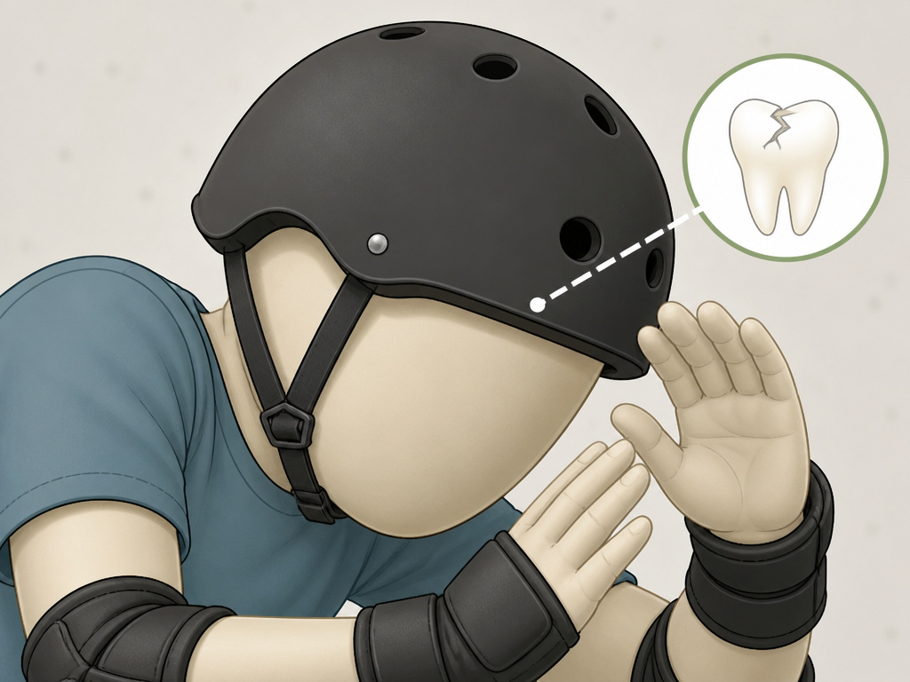 Skateboarder tucking chin during a fall to protect teeth from injury.