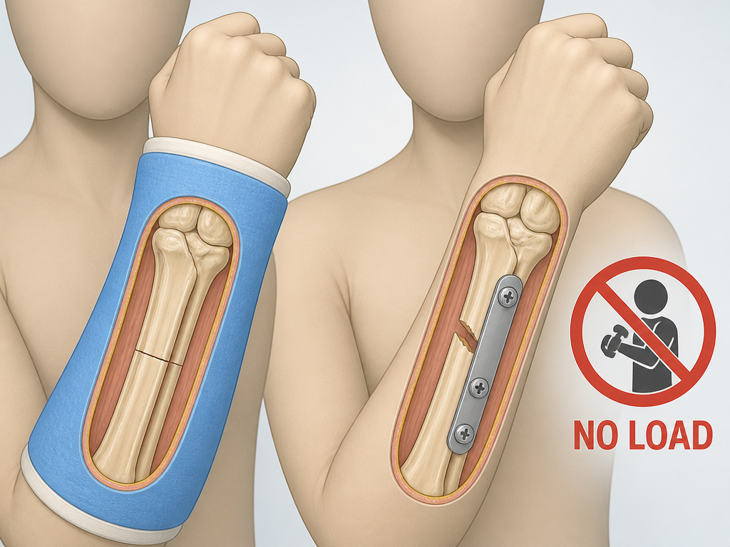 Diagram comparing a wrist cast to surgical plate fixation for a skateboarding fracture.