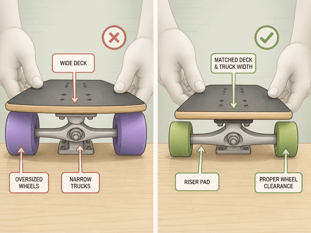 Common skateboard building mistakes like mismatched trucks and wheel bite illustrated