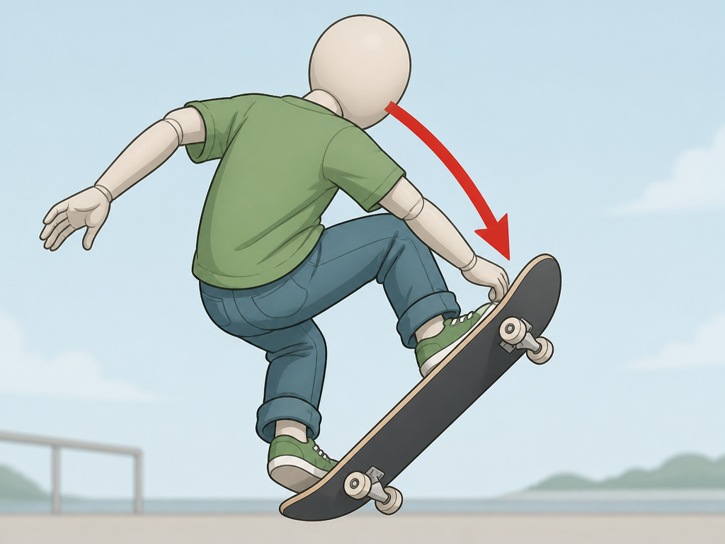 Cartoon illustrating the common mistake of looking down during a rocket kickflip.
