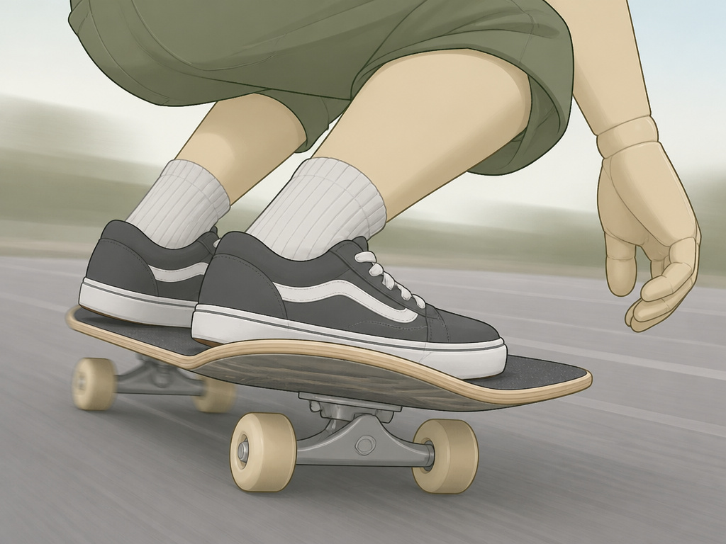 Skateboarder in a forward crouch to control speed wobble, bent knees, low center of gravity.