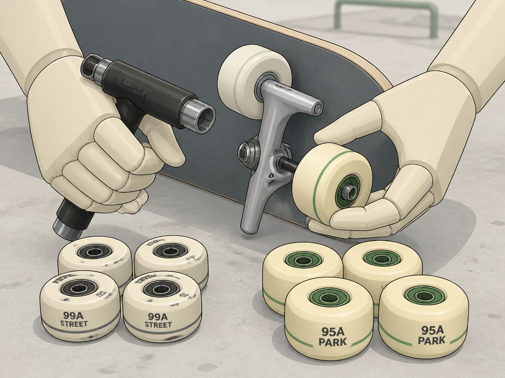 Hands swapping hard street wheels for softer park wheels on a skateboard.