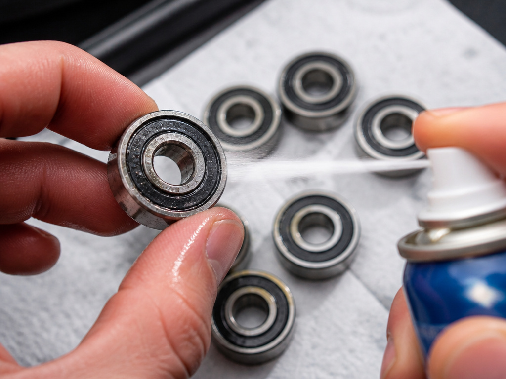 Drying skateboard bearings with compressed air after cleaning.