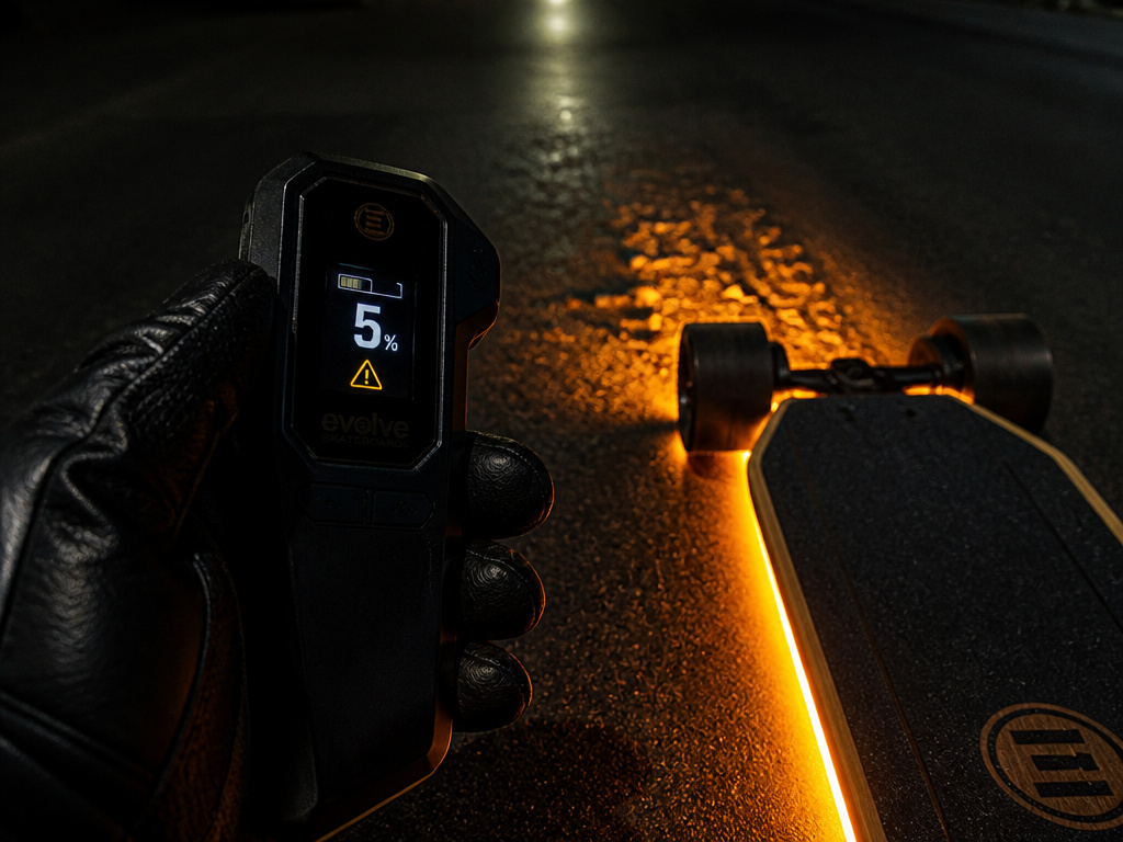 Electric skateboard remote showing low battery warning at night on rough pavement.