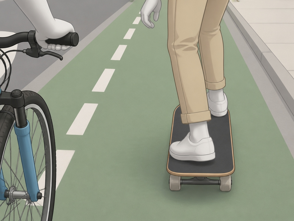 Skateboarder riding on the right side of a bike lane, allowing cyclist to pass