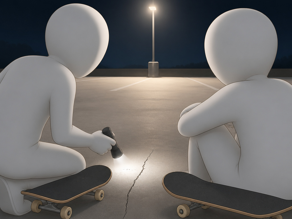 Skateboarders checking pavement under streetlight for safe night skating.