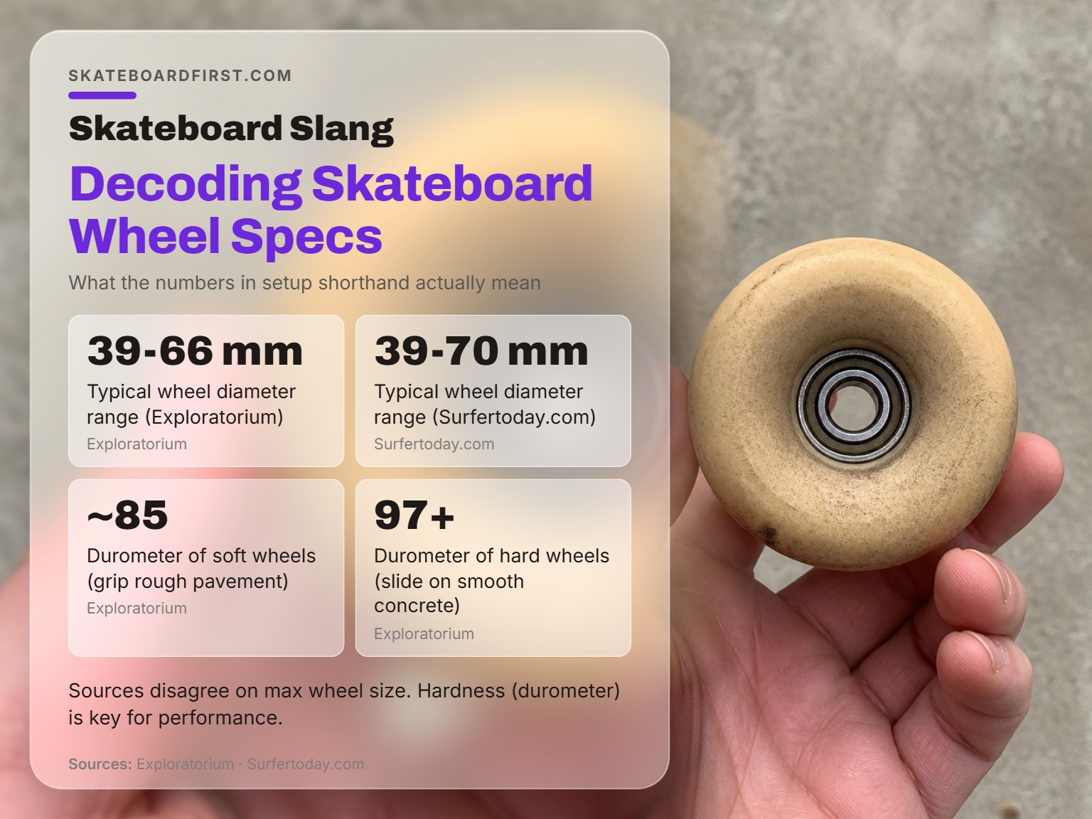 A skateboard wheel held in hand showing its size and hardness.