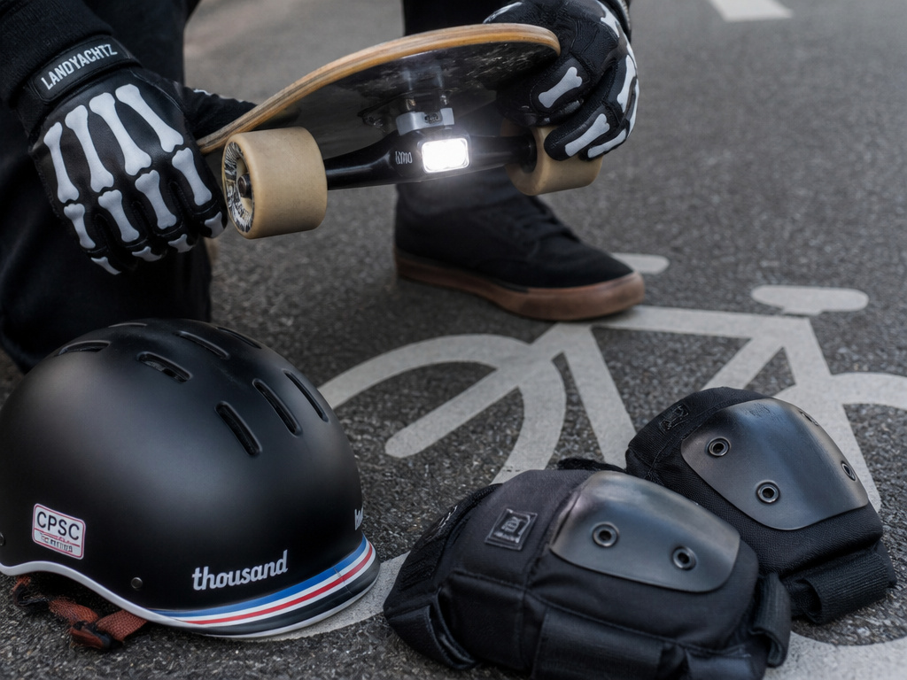 Skateboard with safety gear and bike light in a marked bike lane.