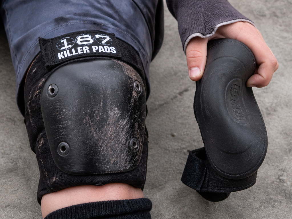Close-up comparison of hard-shell and soft-shell skateboard knee pads for children.