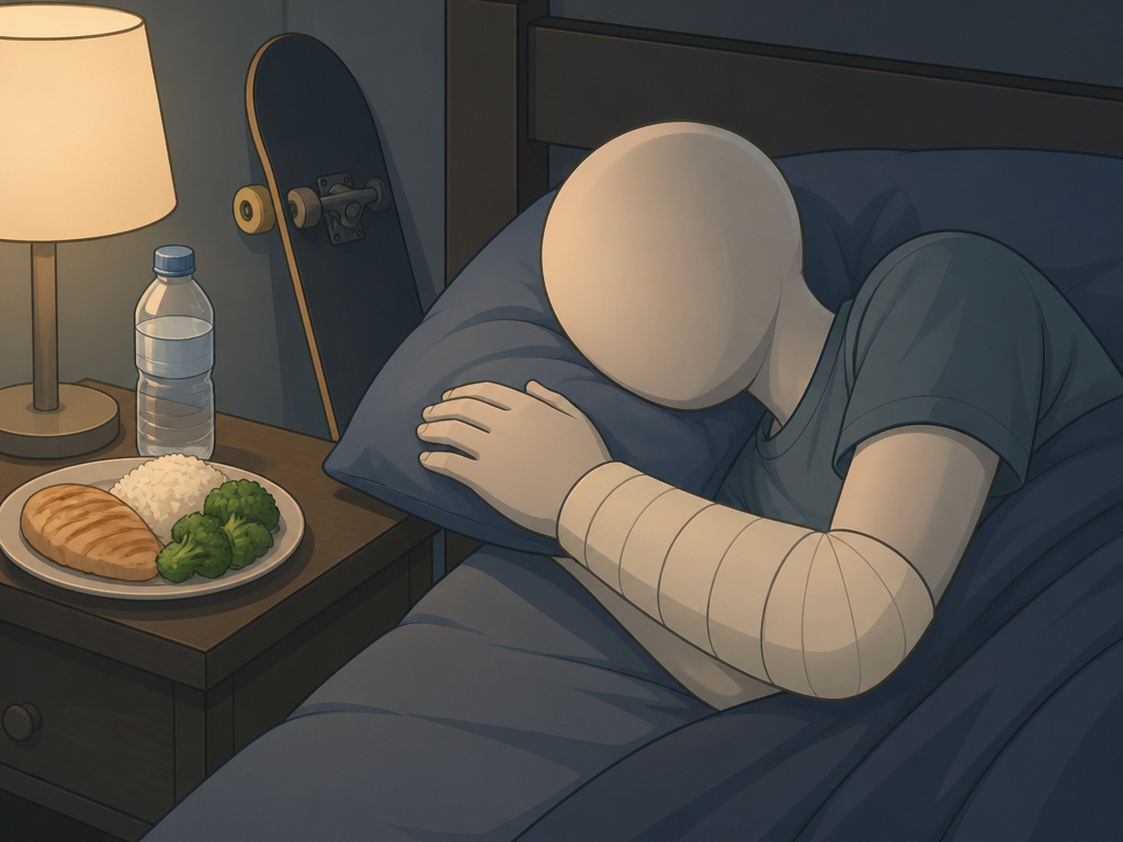 Skateboarder sleeping with bandaged arm, water and healthy meal on nightstand.