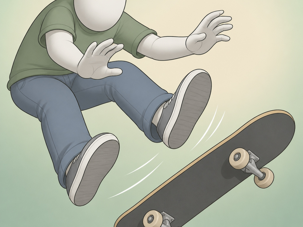 Skateboarder bailing by stepping off the board in a controlled manner.
