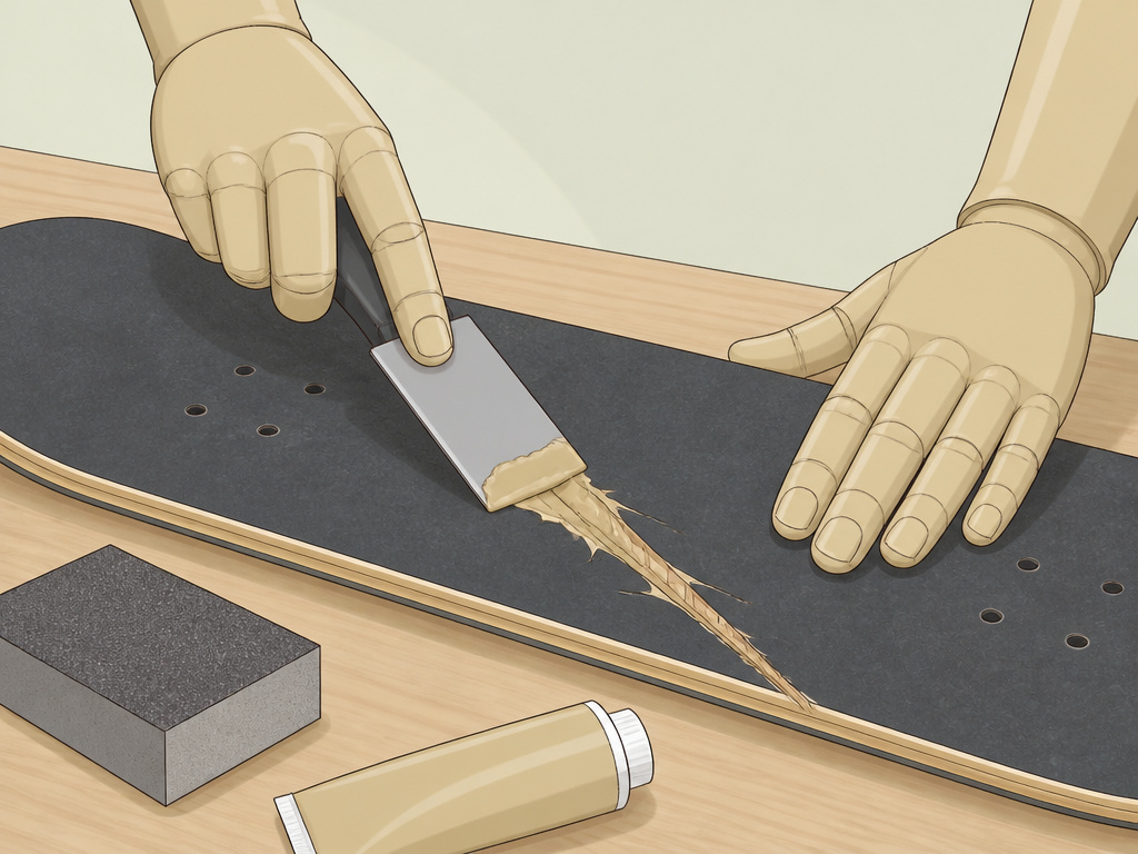 Hands using a putty knife to apply wood filler into a cracked skateboard deck.