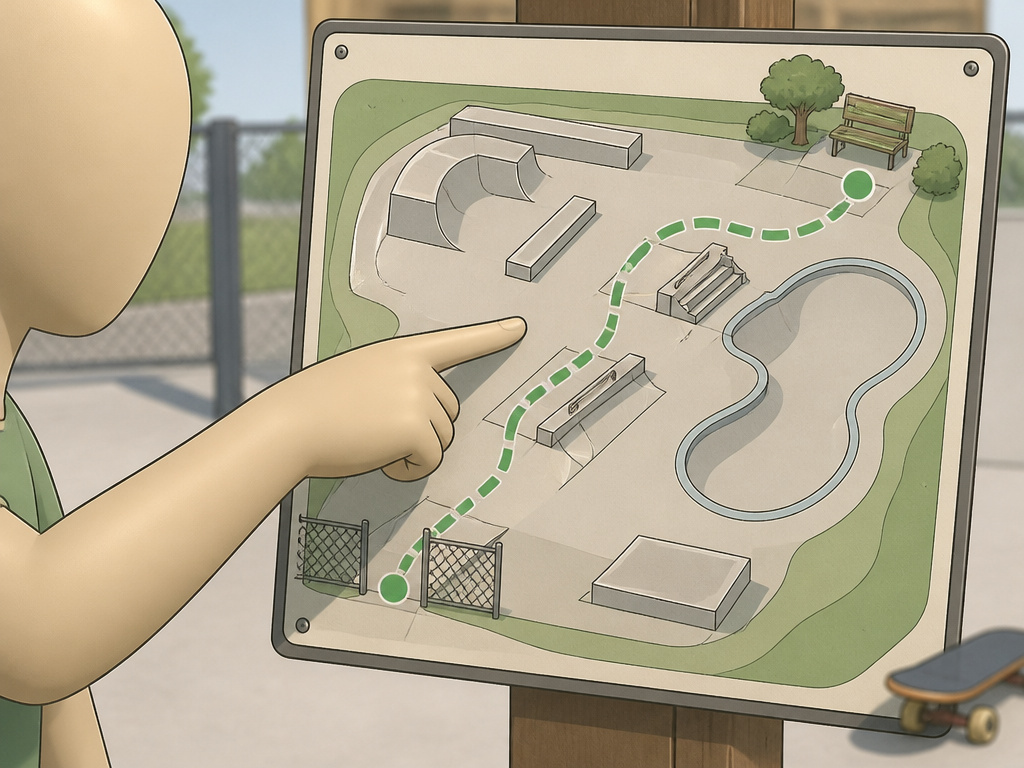 Skateboarder locating park entrance and flow line on a cartoon map.