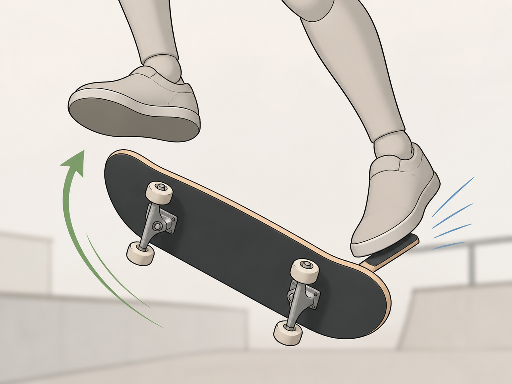 Skateboarder practicing a moving kickflip catch drill with back foot.