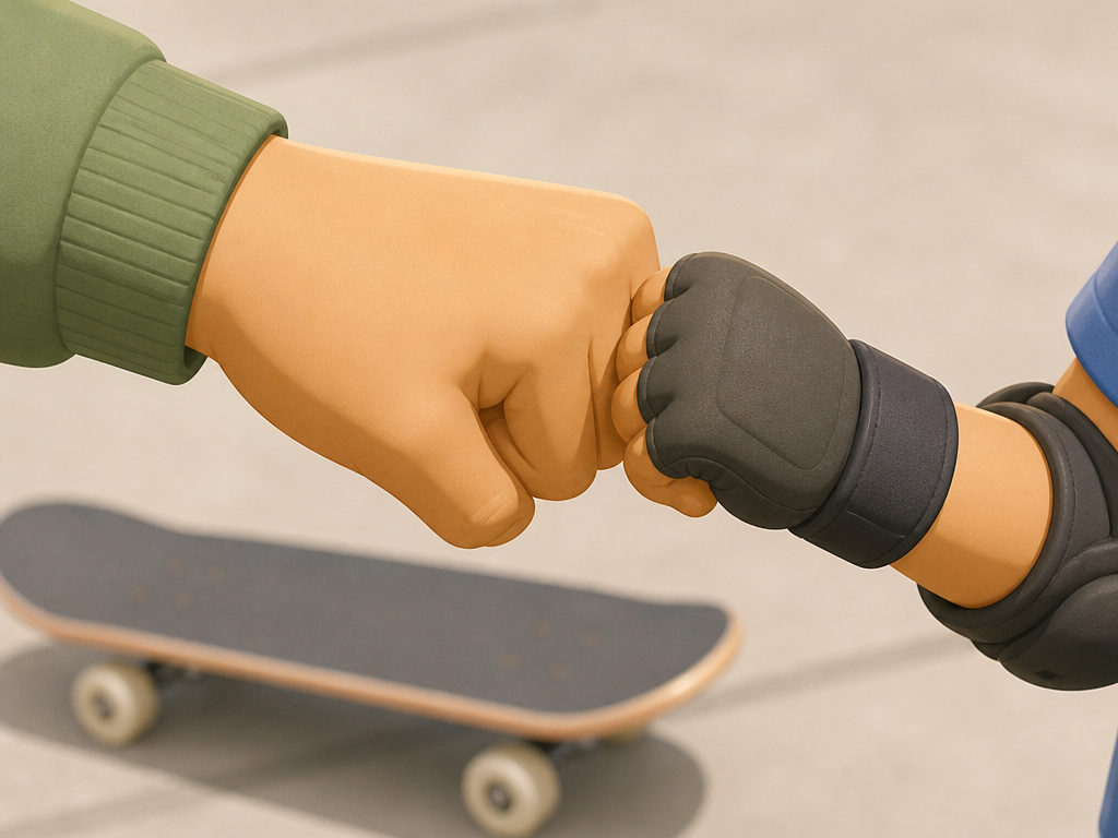 Coach and young skateboarder fist bump after a skating attempt