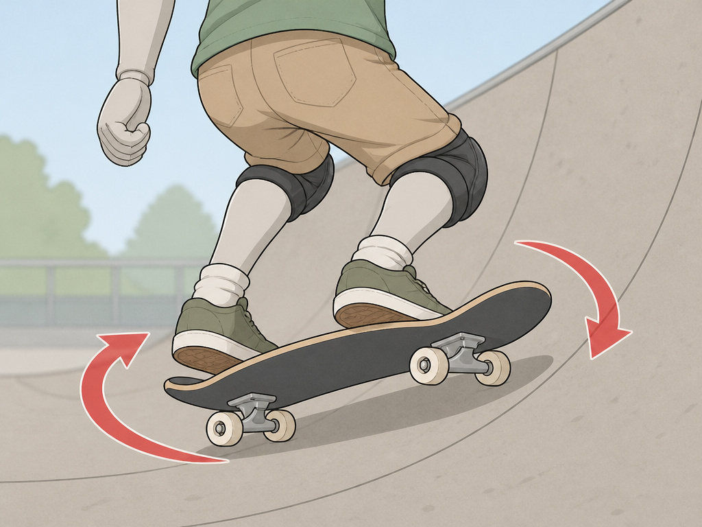 Skateboarder carving a controlled 180 turn on a halfpipe transition.