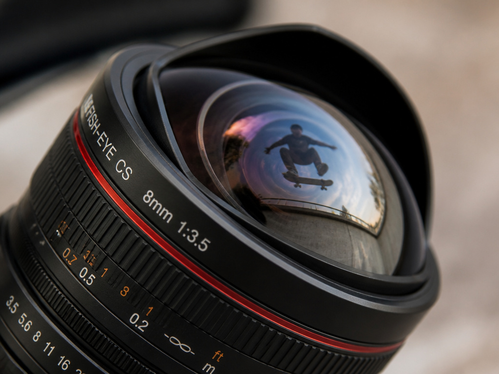 Fisheye lens distorting a skateboarder for dynamic skate photography.