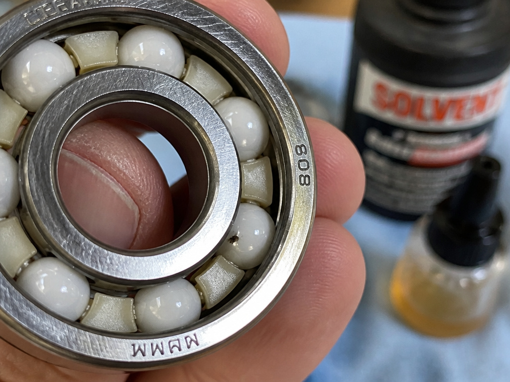 Ceramic skateboard bearing maintenance showing dirt trapped on steel race.