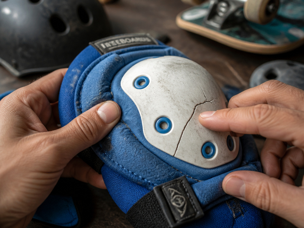 Close-up inspection of cracked and compressed skateboard knee pad for child.