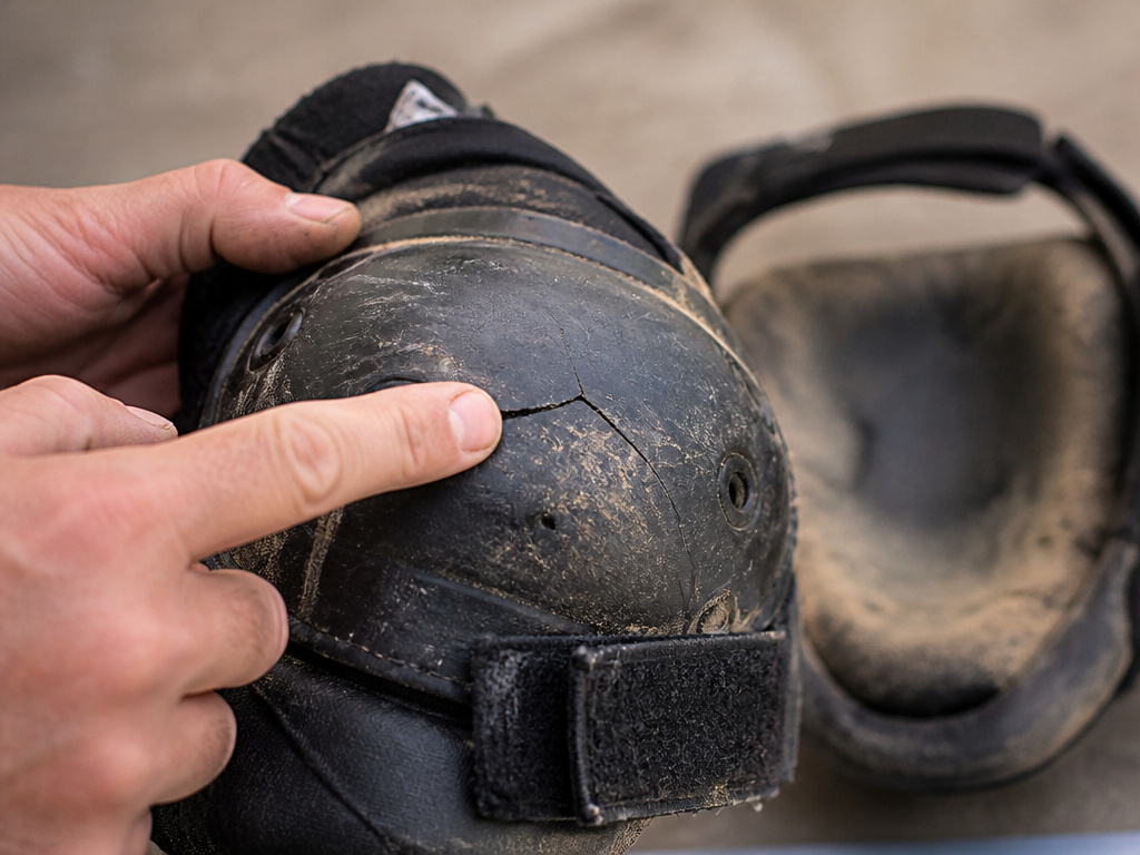 Close-up inspection of a cracked skateboard knee pad needing replacement.