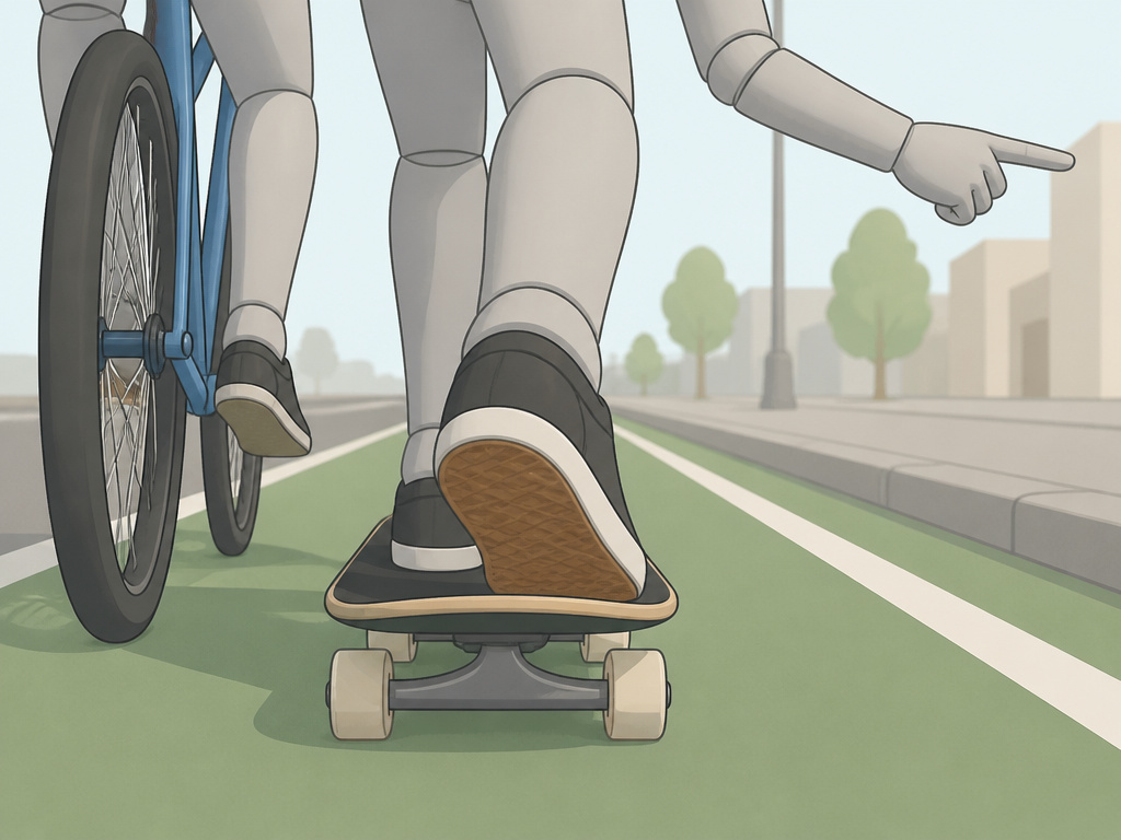 Skateboarder signaling and holding a straight line in a bike lane as cyclist passes
