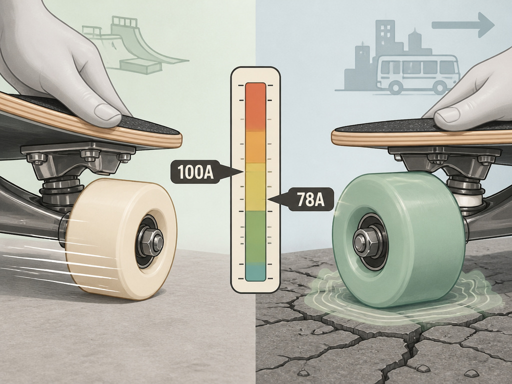 Skateboard wheel hardness chart comparing street and cruising durometers visually.