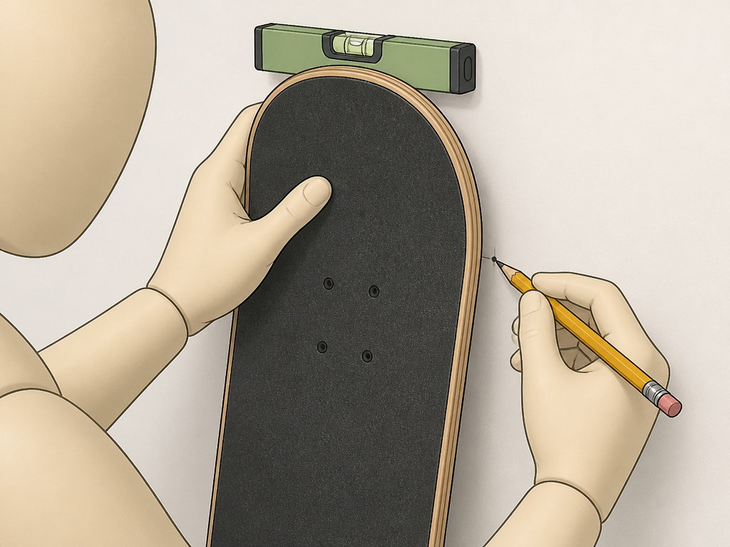 Cartoon diagram showing how to mark wall for a vertical skateboard mount.