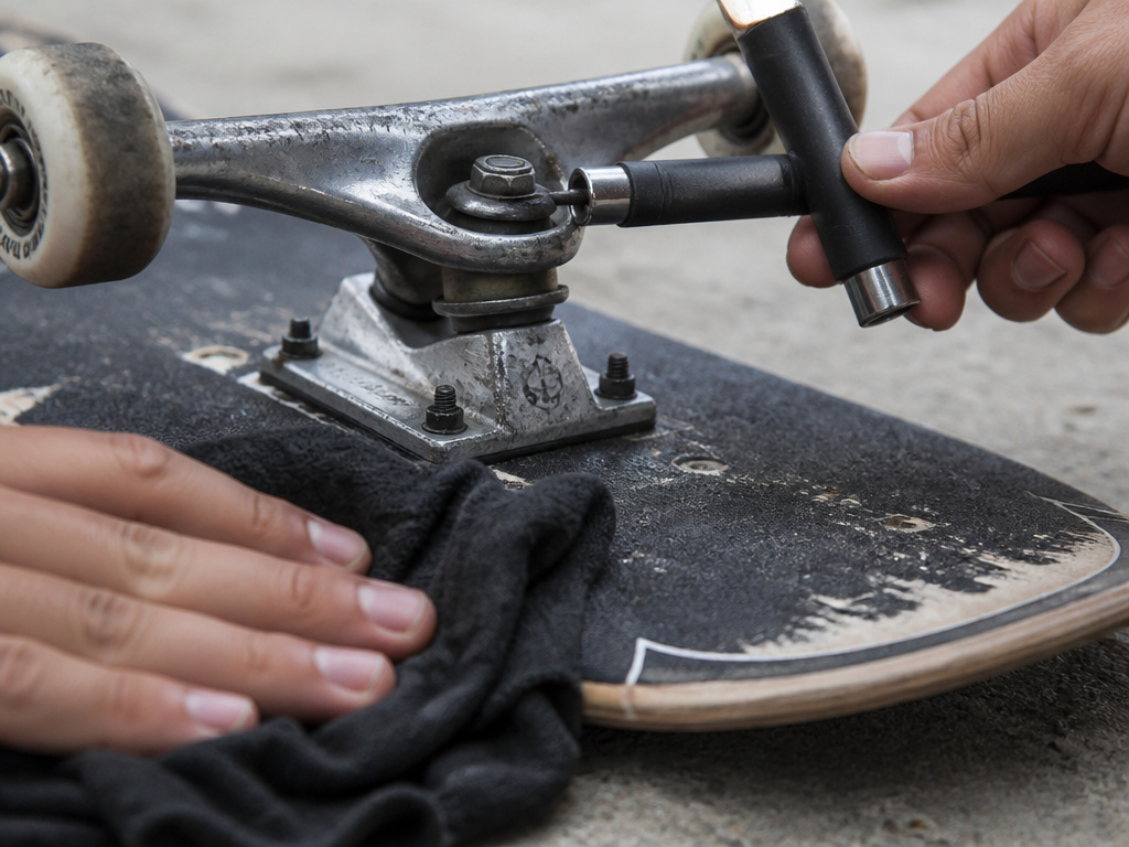 Skate tool tightening truck hardware and wiping down a worn park skateboard