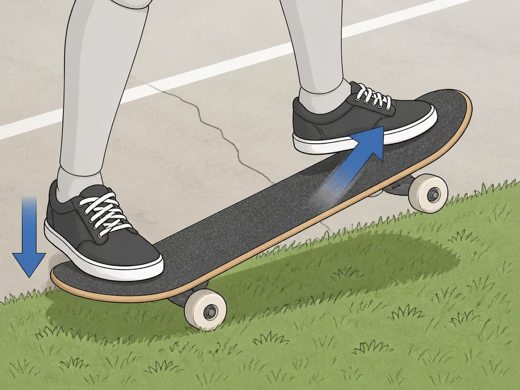 Cartoon diagram of skateboard ollie foot positions on grass and concrete.