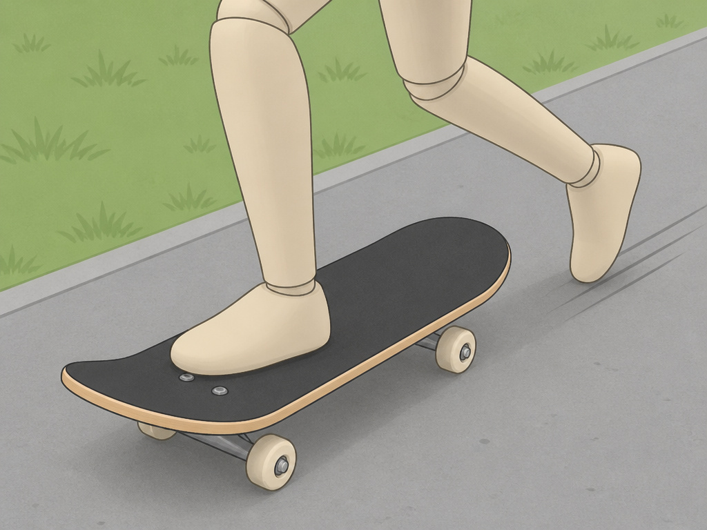 Skateboarder practicing push and coast drill for rolling balance.