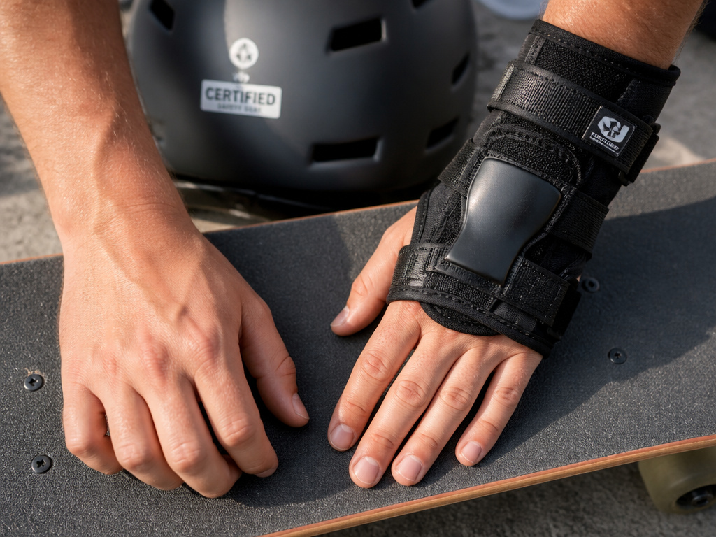Close-up of a skateboard wrist guard and helmet for injury prevention.