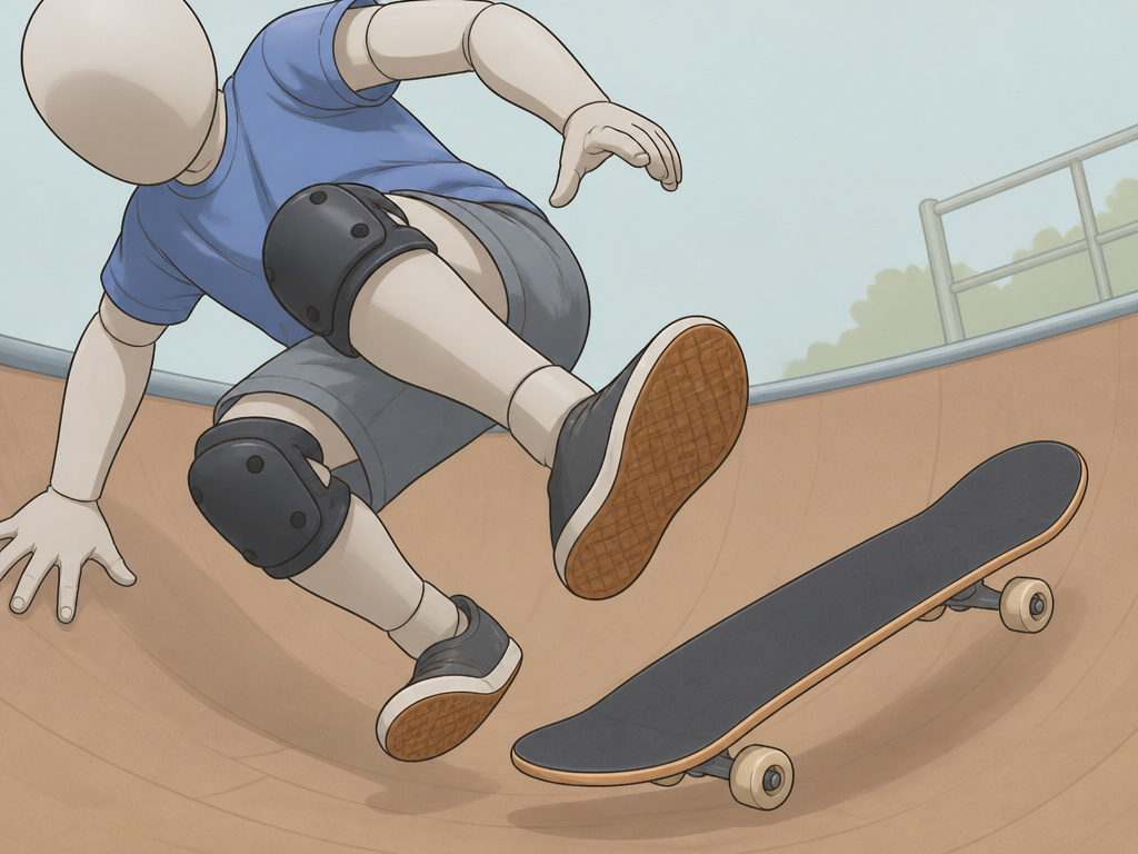 Skater bailing safely by stepping off a runaway skateboard on a mini ramp.