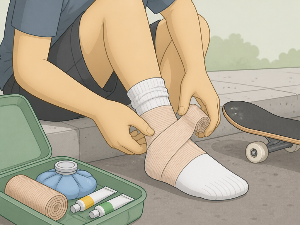 Skateboarder using RICE method to treat a sprained ankle after injury