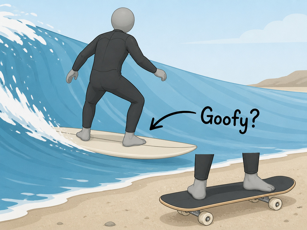 Surfer popping up goofy stance compared to a skateboard on beach