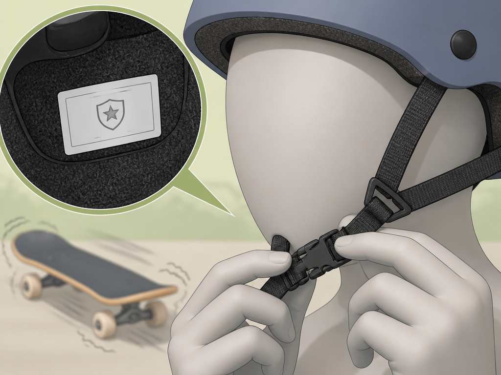 Skateboard helmet safety certification label and speed wobble illustration