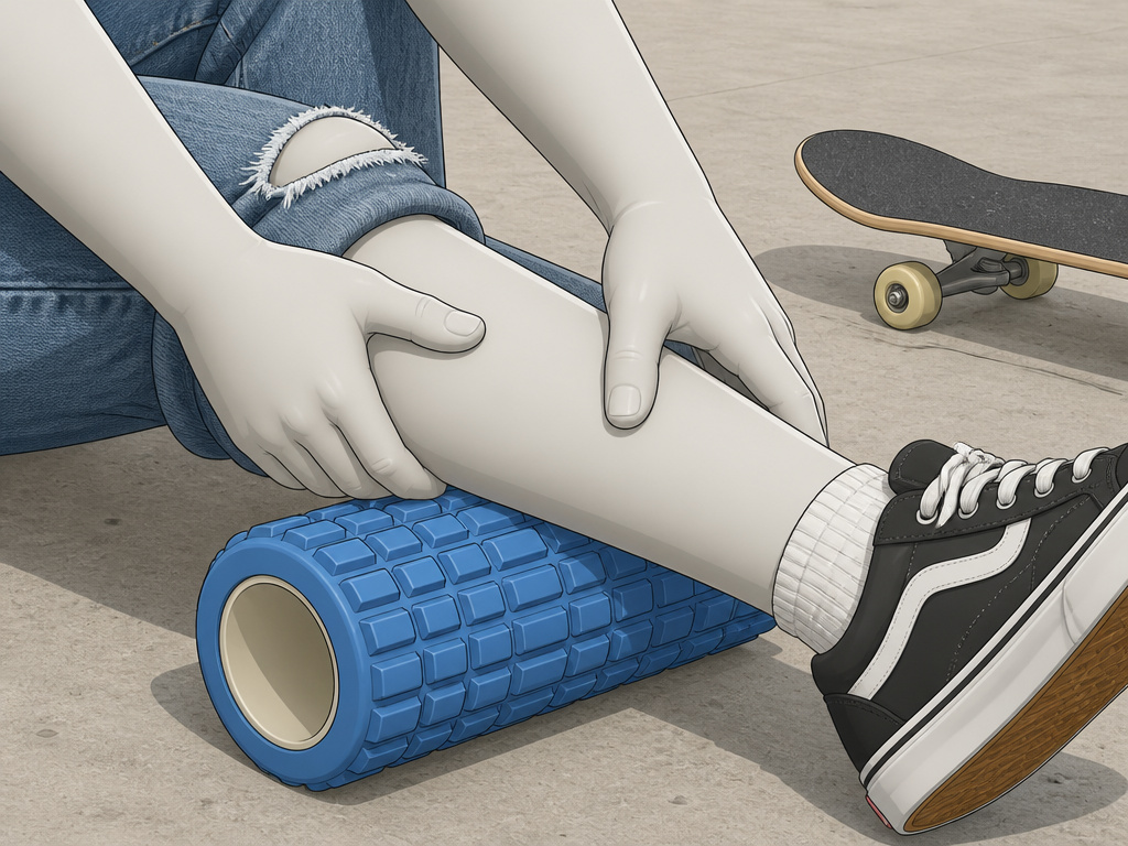 Skateboarder using a foam roller on calf after a fall for muscle recovery.