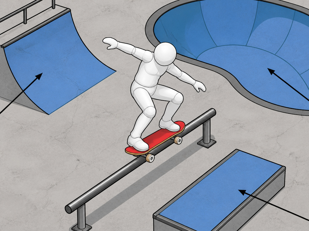 Cartoon diagram of skatepark obstacle lingo like coping and quarter pipe.