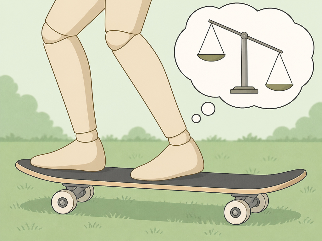 Close-up of feet testing skateboard stance on grass to determine goofy or regular.