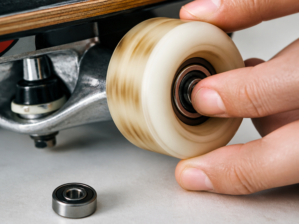 Close-up of a skateboard wheel spin test after lubricating and installing bearings.