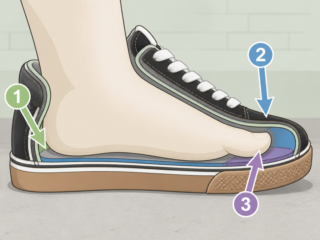 Cartoon diagram showing the three-step fit test for wide skateboarding shoes.