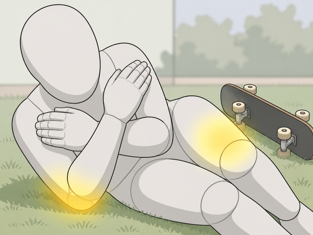 Cartoon diagram demonstrating the tuck-and-roll fall on a mini ramp.