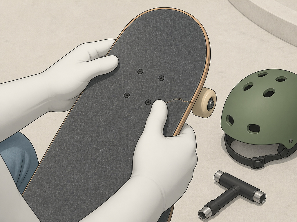 Close-up of hands checking a skateboard deck for cracks before riding.