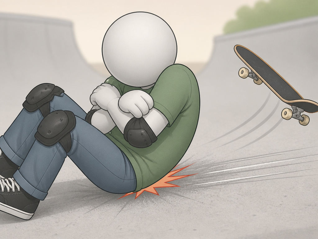 Cartoon diagram of safe backward fall and butt slide technique for skateboard bailing.