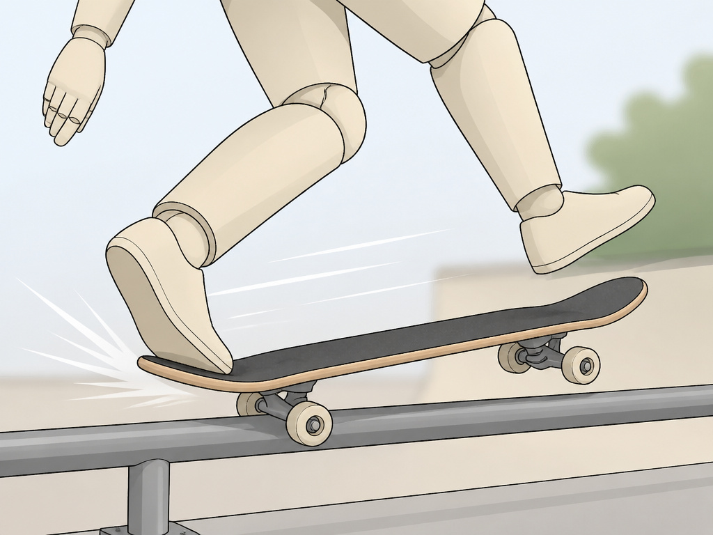 Skateboard bail technique showing a back foot kicking the board away during a failed grind.