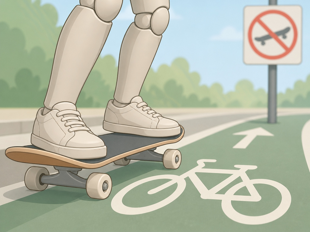 Skateboard wheels in a bike lane with a conflicting regulatory sign in background