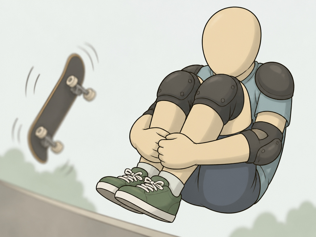 Skateboarder performing a high-speed tuck and roll bail during speed wobble.